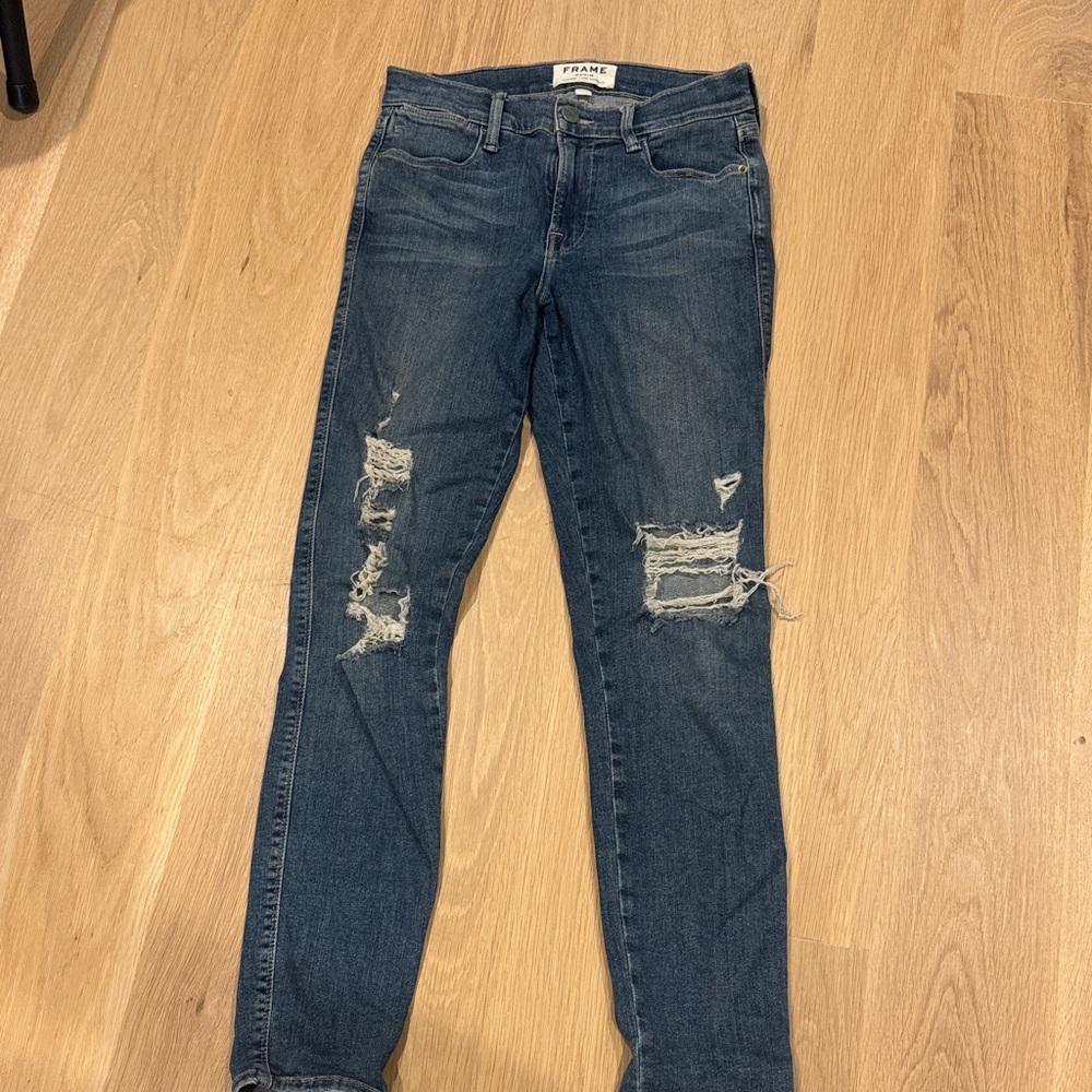 Frame Denim Women's Skinny Ripped Jeans in Dark Blue